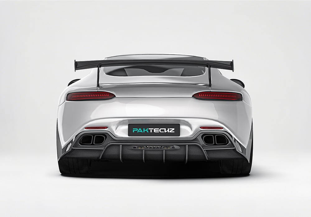 A frontal image showcasing the AMG GT/GTS C190’s aggressive look with the front lip, side skirts, rear diffuser, and spoiler installed, blending seamlessly into the car’s bold design