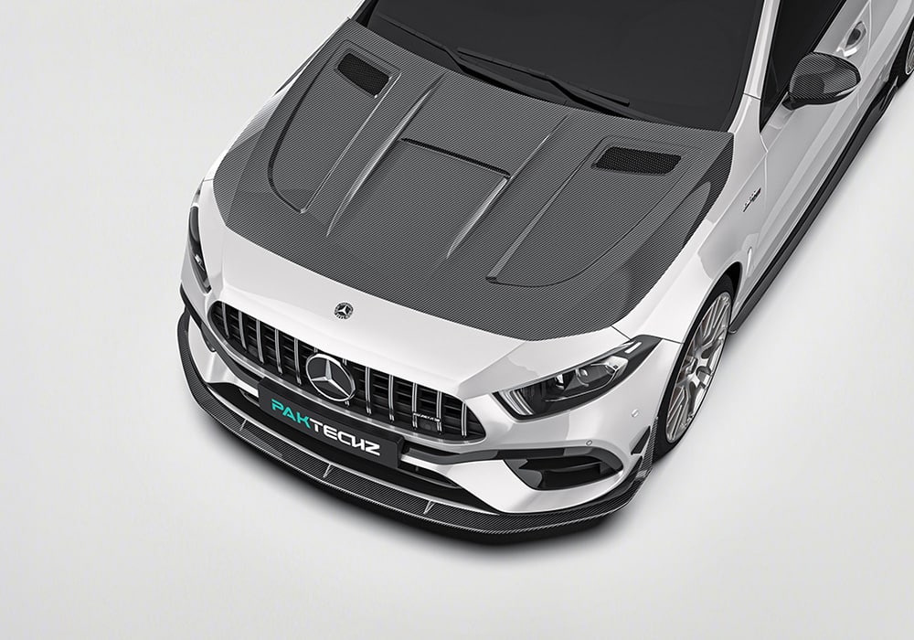 A complete frontal image of the A-Class W177, emphasizing the Carbon Fiber Front Splitter for bold styling and improved front-end downforce