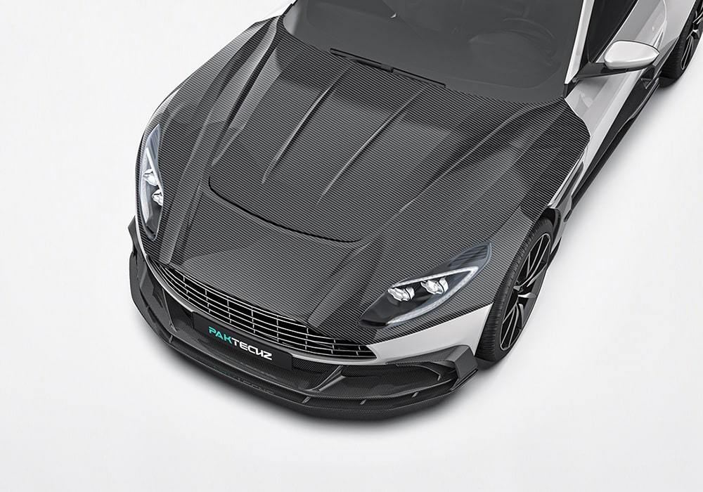 Aston Martin DB11 with the full carbon fiber aerodynamic body kit, highlighting its cohesive design and eye-catching luxury styling
