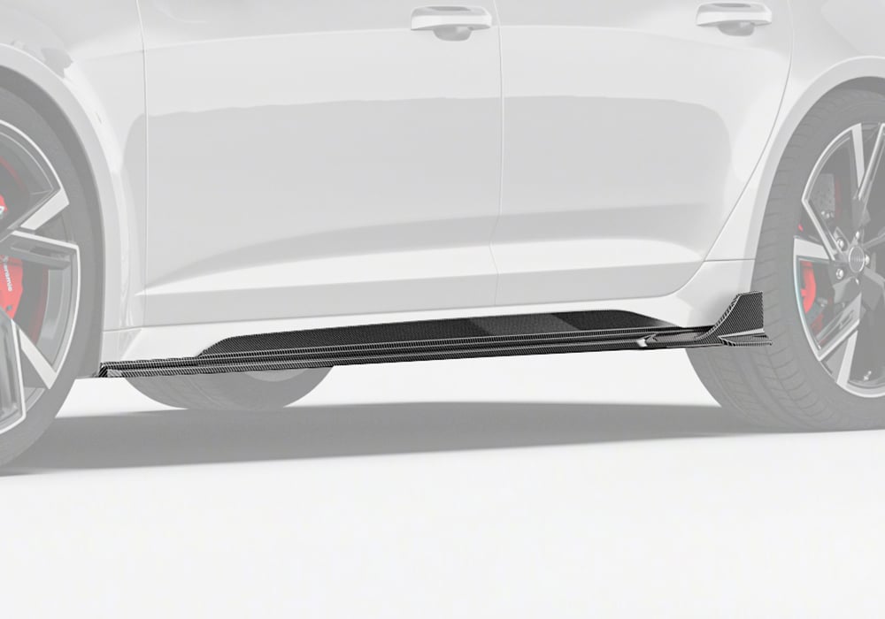 Audi RS6 (C8) fitted with carbon fiber side skirts, upgrading the visual profile and emphasizing aerodynamic lines