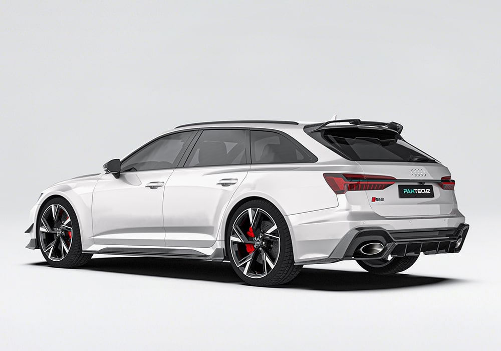 Audi RS6 C8 with installed carbon fiber body kit, showcasing front splitter, side skirts, and rear diffuser