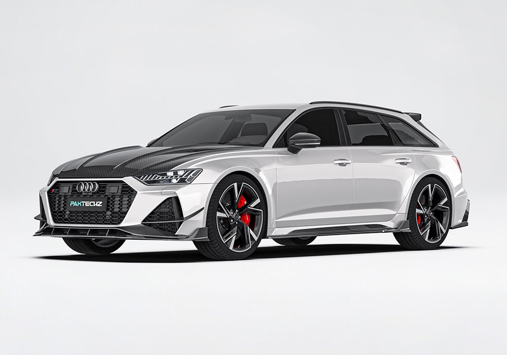 Audi RS6 C8 with installed carbon fiber body kit, showcasing front splitter, side skirts, and rear diffuser integration