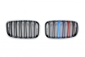 กระจังหน้า BMW E70/E71 เส้นคู่ สีดำเงาขอบโครเมี่ยม พร้อมแถบสามสี