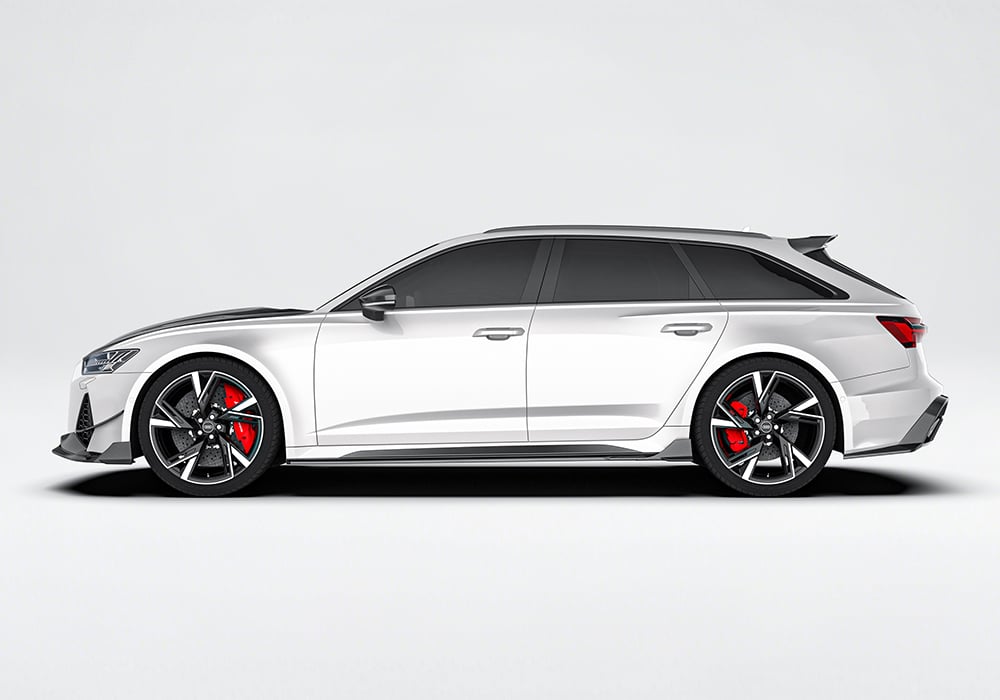 Side perspective showing how the carbon fiber side skirts add bold styling and improve stability
