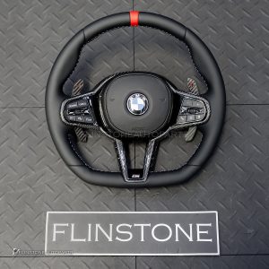 พวงมาลัย Carbon fiber พร้อม Airbag สำหรับ BMW Z4 G29 หนังดำ ด้ายฟ้า-แดง กรอบ Carbon ทริม แดง