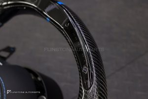 พวงมาลัย Carbon fiber พร้อม Airbag พร้อม Display Shift LED สำหรับ W117 CLA-Class หนังดำ ด้ายฟ้า ก้านสีดำเงา-โครเมี่ยม