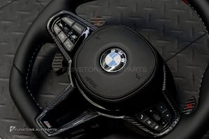 พวงมาลัย Carbon fiber พร้อม Airbag สำหรับ BMW Z4 G29 หนังดำ ด้ายฟ้า-แดง กรอบ Carbon ทริม แดง