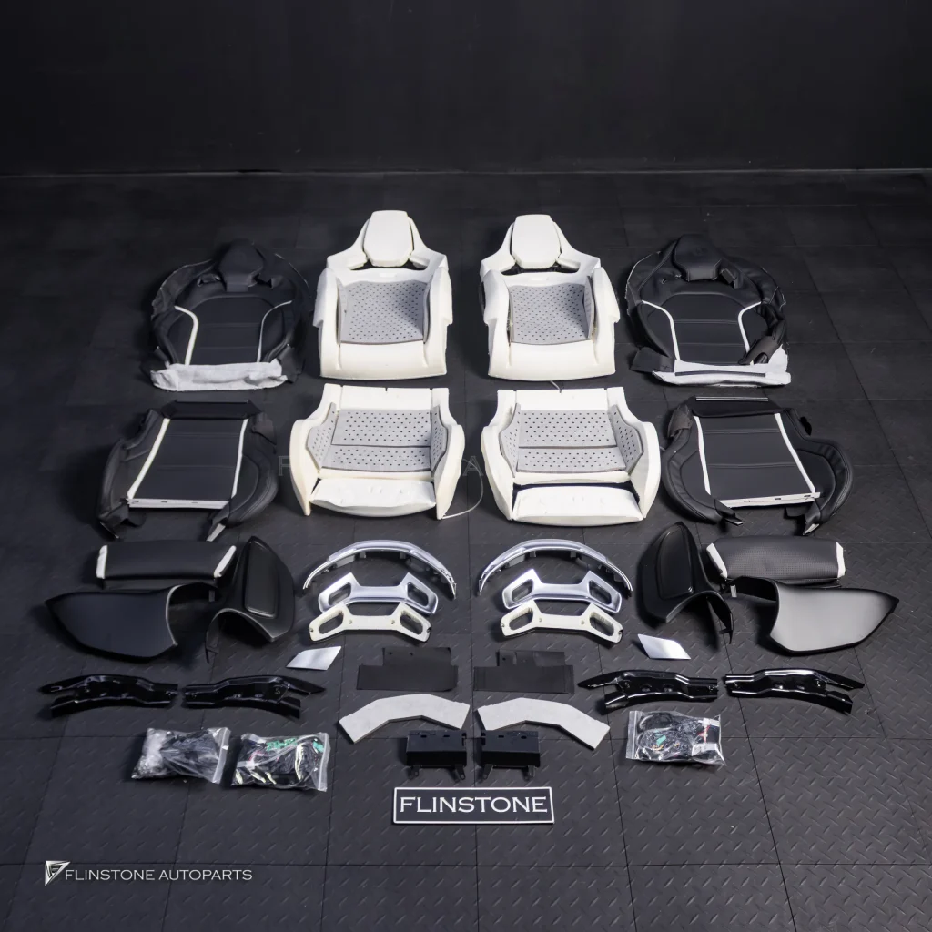 ชุดเบาะ Custom สำหรับ C238 E-Class Coupe ทรง AMG Bucket Seat หนังดำ-เส้นขาว ด้ายขาว กรอบโครเมียมด้าน ปั้มหัวหมอนAMG