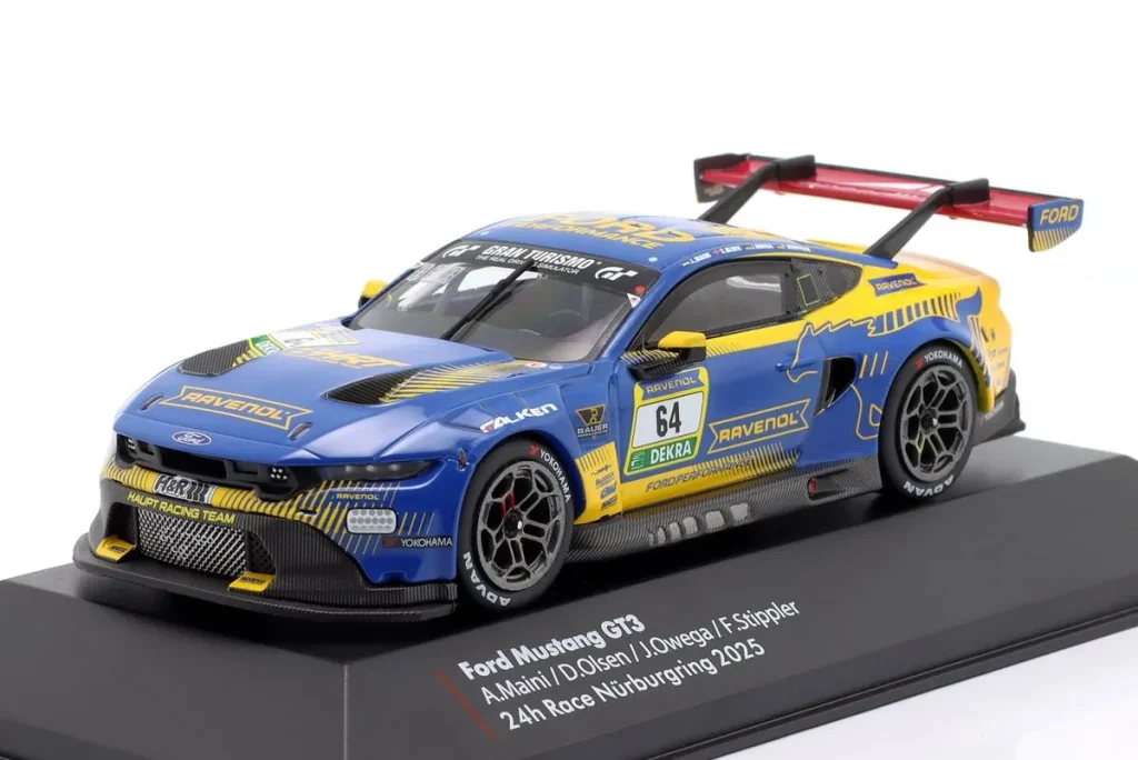 โมเดลรถ 1:43 Ford Mustang GT3 #64 Dennis Olsen, Arjun Maini, Frank Stippler, Jusuf Owega 24 ชั่วโมง เนือร์บวร์กริง ปี 2025 Ixo