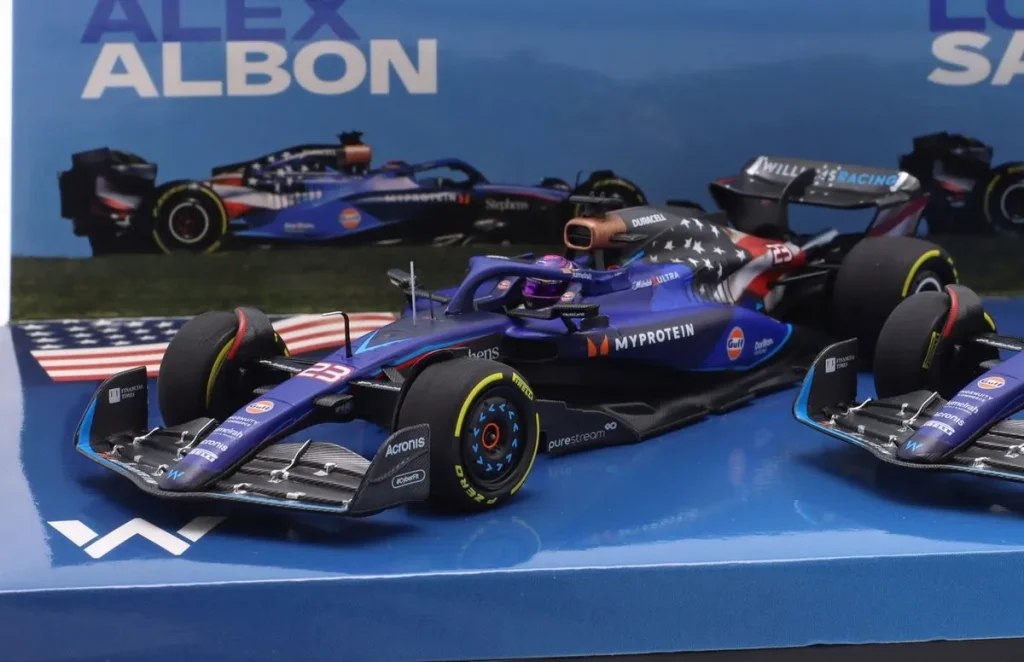 โมเดลรถ 1:43 Williams FW45 #23 Alexander Albon & Logan Sargeant 9. & อันดับ 10 USA GP (Austin) ฟอร์มูล่าวัน ปี 2023 Minichamps