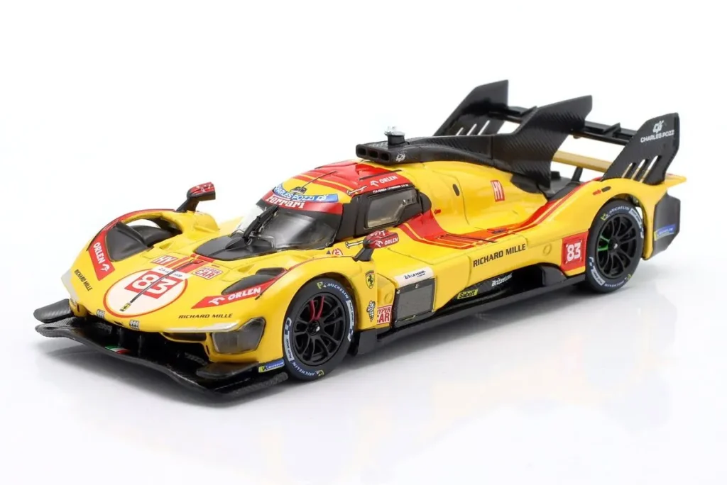 Model 1:43 Ferrari 499P #83 Robert Kubica, Yifei Ye, Philip Hanson winner 24h LeMans year 2025 Bburago 18-36321 / 18-36322P4