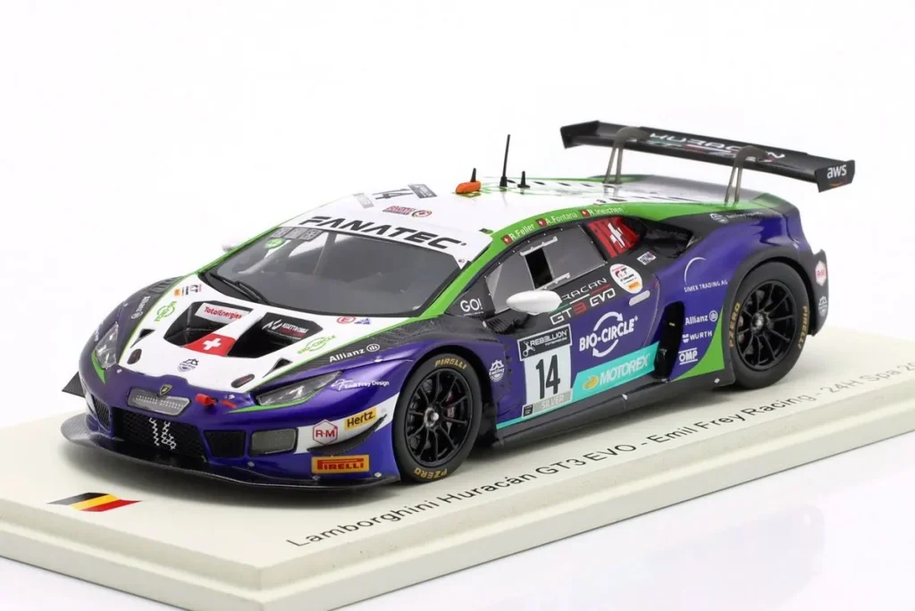 โมเดลรถ 1:43 Lamborghini Huracán GT3 Evo #14 Ricardo Feller, Alex Fontana, Rolf Ineichen 24 ชั่วโมง สปา ปี 2021 Spark