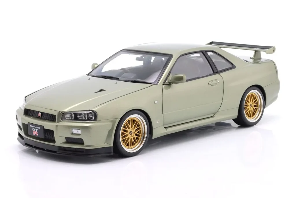 โมเดลรถ 1:12 Nissan Skyline GT-R (R34) V-Spec Nür BBS-ล้อ ปี 2001 สีเขียวอ่อนเมทัลลิก KK-Scale