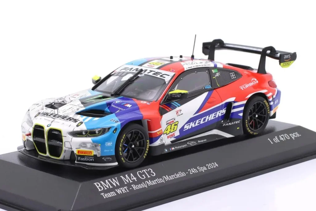 โมเดลรถ 1:43 BMW M4 GT3 #46 Raffaele Marciello, Maxime Martin, Valentino Rossi 24 ชั่วโมง สปา ปี 2024 Minichamps