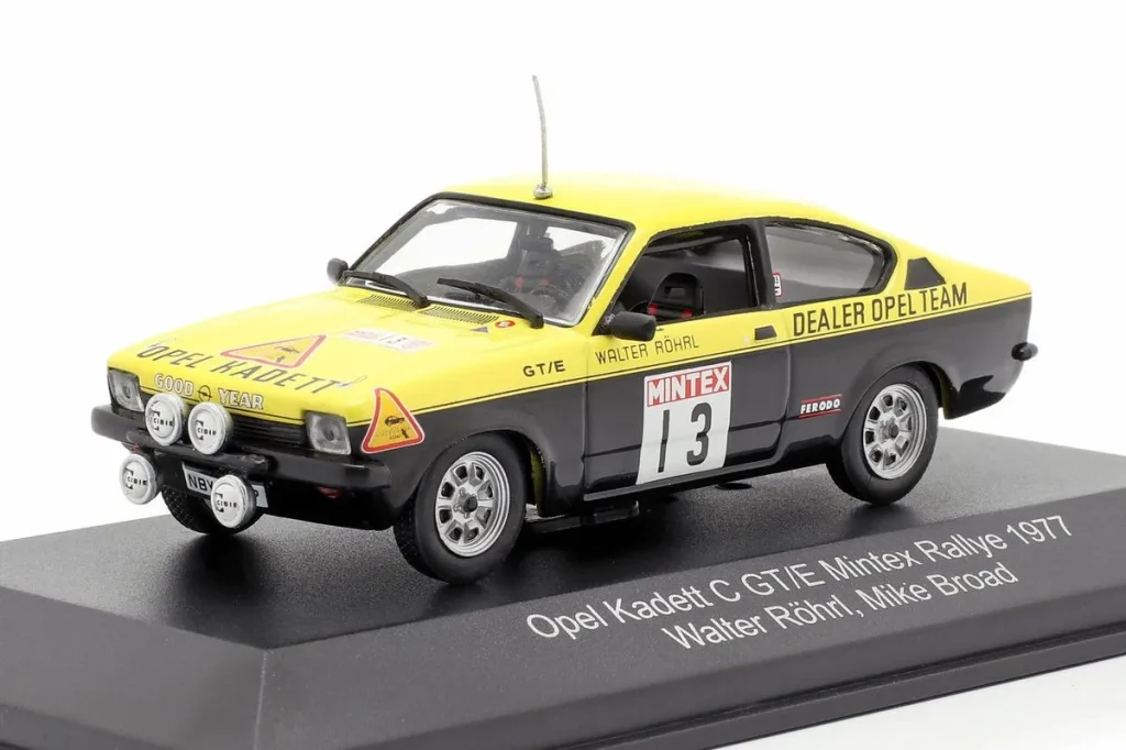 Model 1:43 Opel Kadett C GT/E #13 Walter Röhrl, Mike Broad Mintex rally year 1977 CMR
