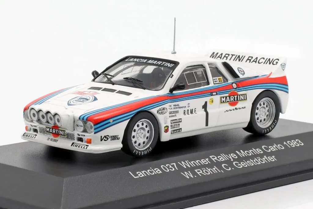 Model 1:43 Lancia 037 #1 Walter Röhrl, Christian Geistdörfer winner rally Monte Carlo year 1983 CMR