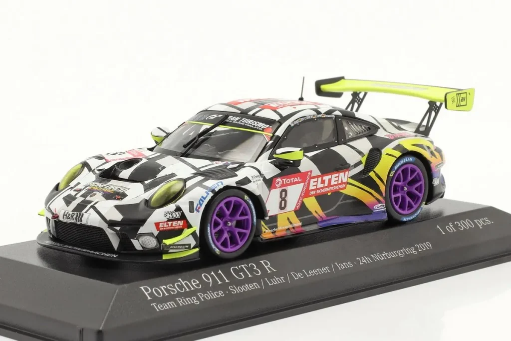 车型 1:43 Porsche 911 (991 II) GT3 R #8 Jan-Erik Slooten, Lucas Luhr, Adrien de Leener, Steve Jans 排名 12 24h Nürburgring 年 2019 紫色轮毂 Minichamps
