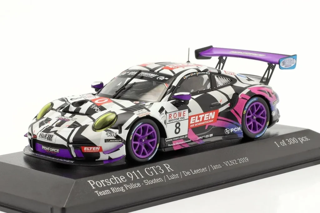 Model 1:43 Porsche 911 (991 II) GT3 R #8 Jan-Erik Slooten, Lucas Luhr, Adrien de Leener, Steve Jans VLN2 Nürburgring year 2019 purple Wheels Minichamps