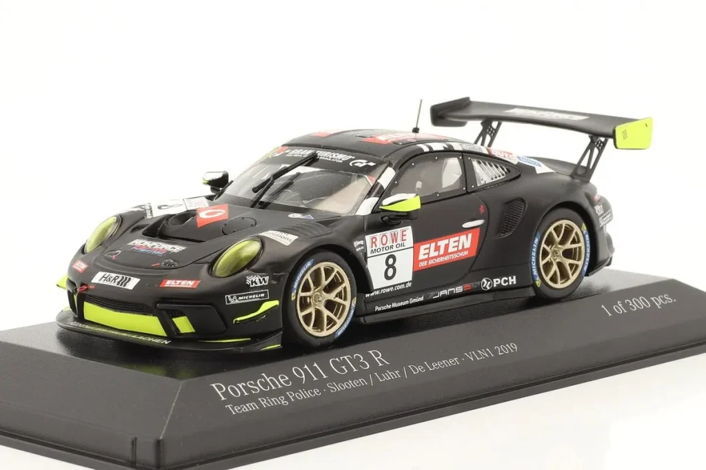 Model 1:43 Porsche 911 (991 II) GT3 R #8 Lucas Luhr, Adrien De Leener, Jan-Erik Slooten ADAC Westfalenfahrt VLN 1 Nürburgring year 2019 Minichamps