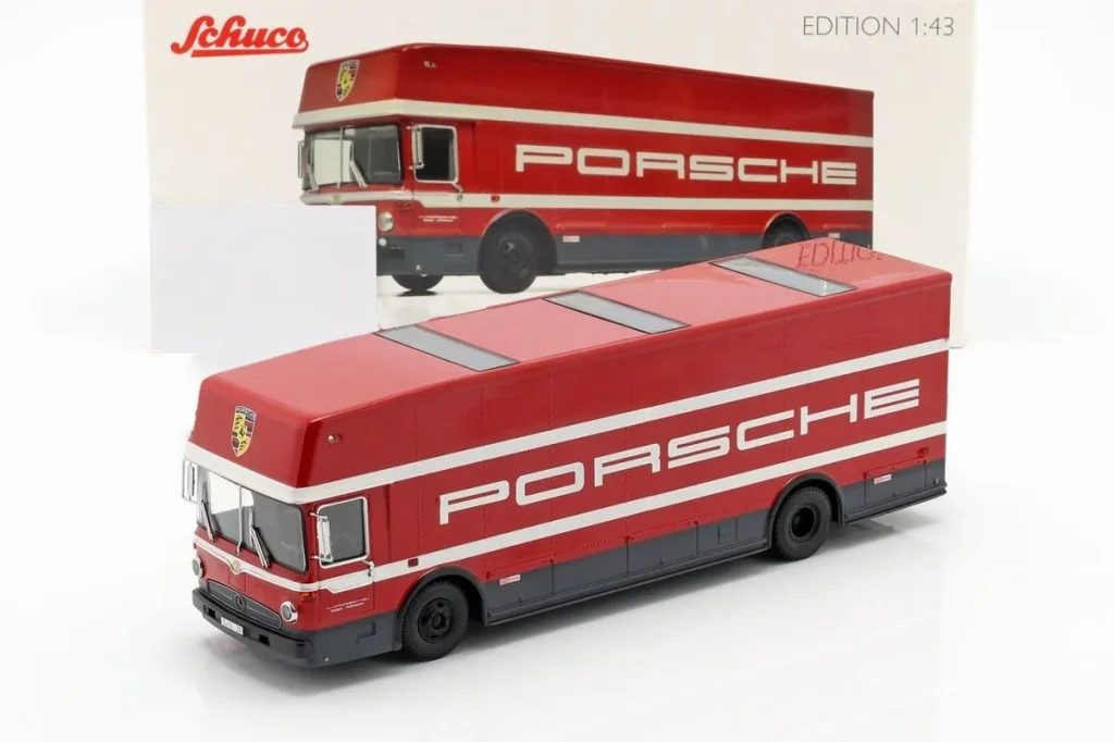 Model 1:43 Mercedes-Benz O 317 Renntransporter Porsche Motorsport 24 hours Le Mans red Schuco