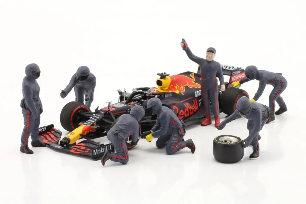 ฟิกเกอร์ 1:43 Pit Crew Figuren Set #3 ทีมสีแดง สีน้ำเงิน American Diorama