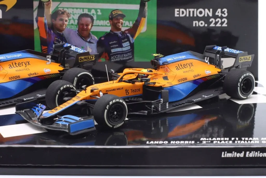 Model 1:43 McLaren MCL35M #3 Daniel Ricciardo, Lando Norris winner Ricciardo and 2. PLatz Norris Italien GP Formula One year 2021 Minichamps