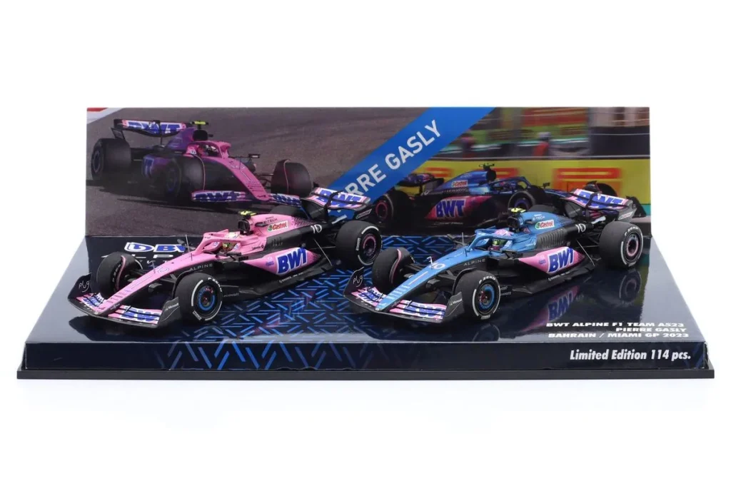โมเดลรถ 1:43 Alpine A523 #10 Pierre Gasly อันดับ 9 Bahrain GP / อันดับ 8 Miami GP ฟอร์มูล่าวัน ปี 2023 Minichamps