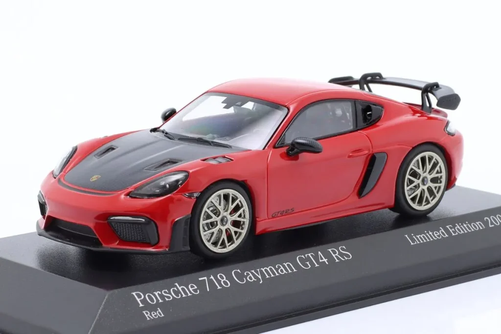 โมเดลรถ 1:43 Porsche 718 (982) Cayman GT4 RS ชุดสะสม Faszination Sportwagen ปี 2021 สีแดง / Neodym-ล้อ Minichamps
