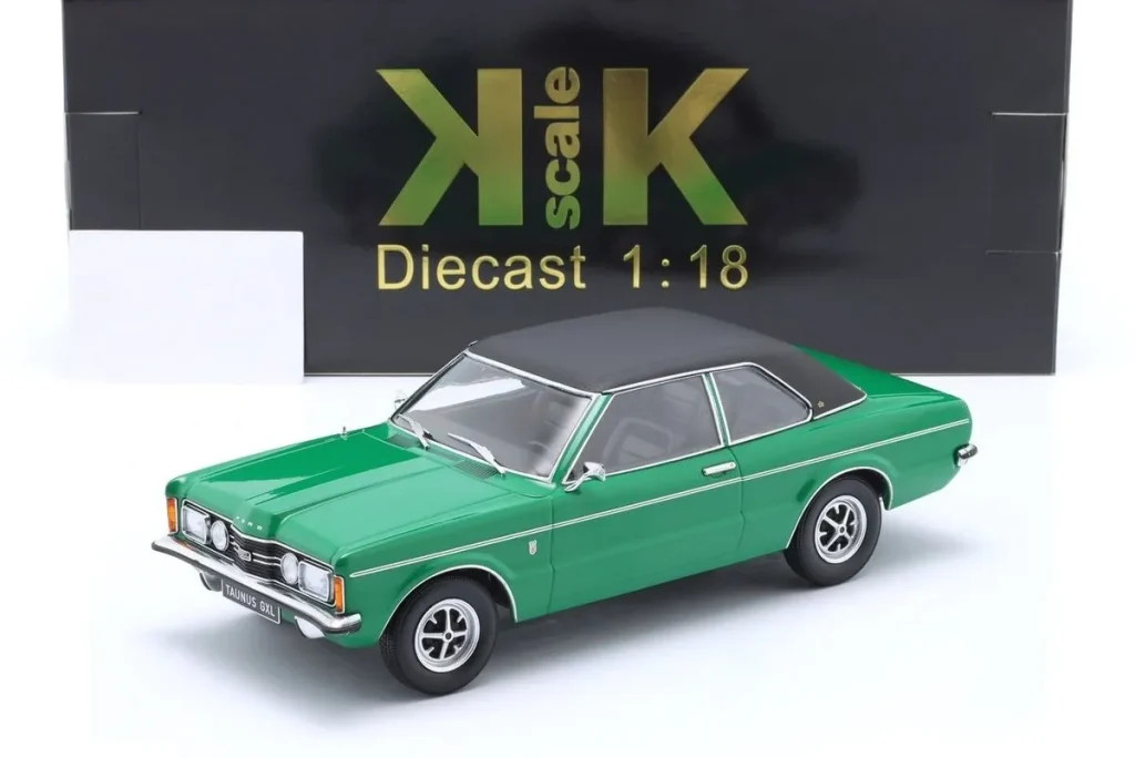Model 1:18 Ford Taunus GXL Limousine with Vinyldach year 1971 green / matte black KK-Scale