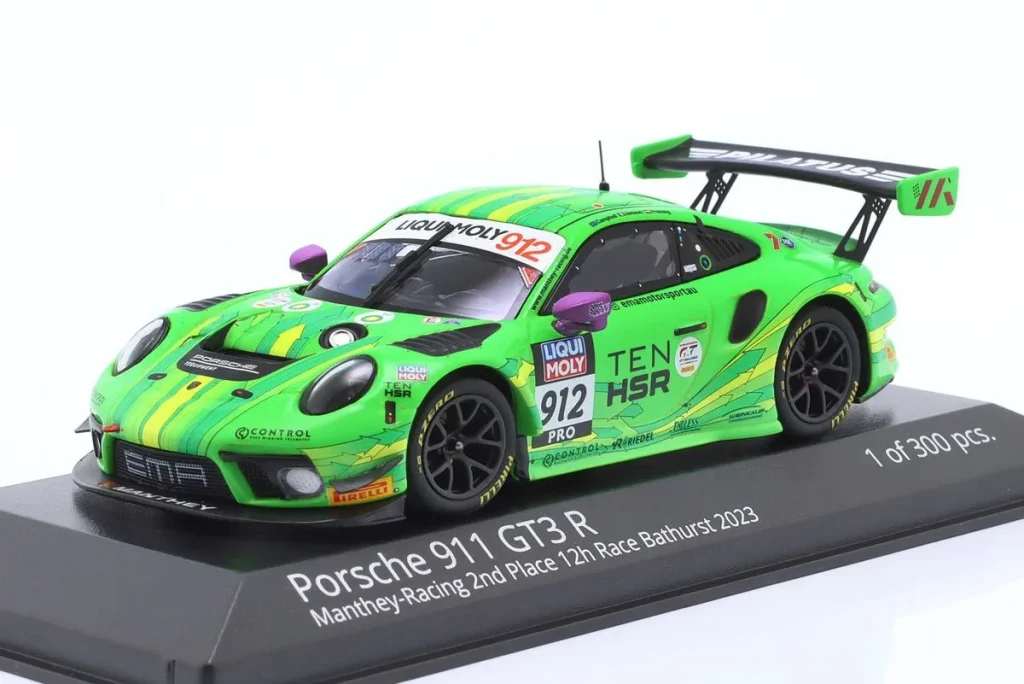 Model 1:43 Porsche 911 GT3 R #912 Matt Campbell, Mathieu Jaminet, Thomas Preining rank 2 12h Bathurst year 2023 Minichamps