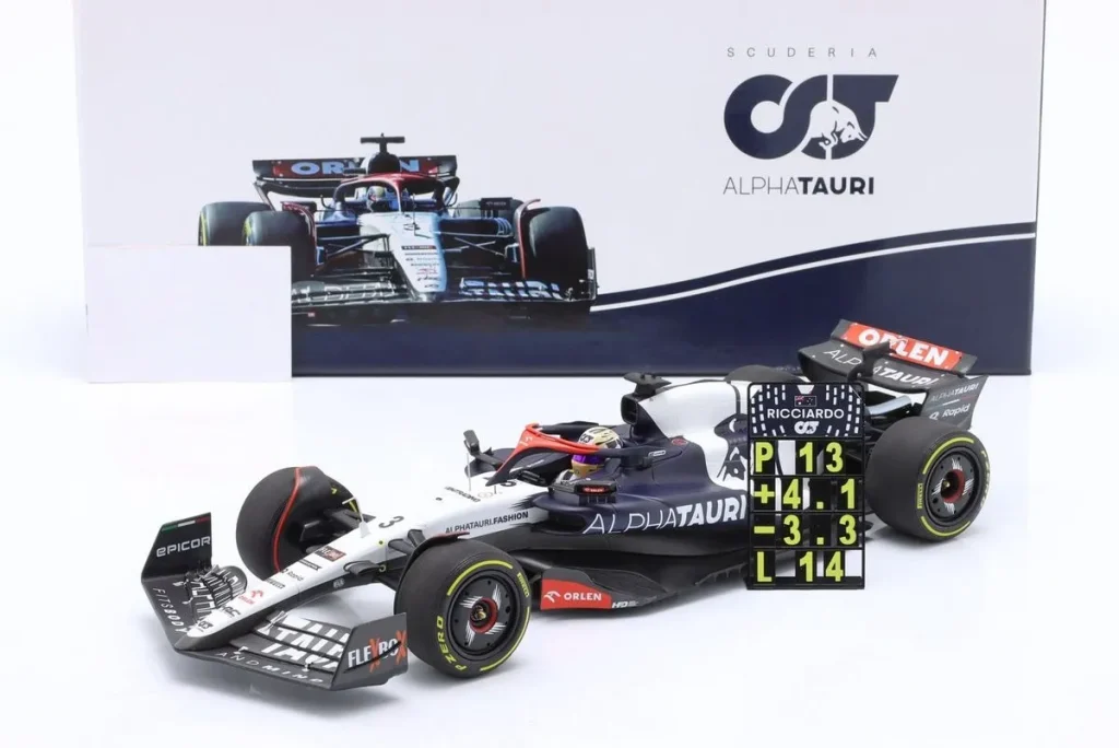 โมเดลรถ 1:18 AlphaTauri AT04 #3 Daniel Ricciardo อันดับ 13 Ungarn GP (Hungaroring Mogyoród) ฟอร์มูล่าวัน ปี 2023 Minichamps