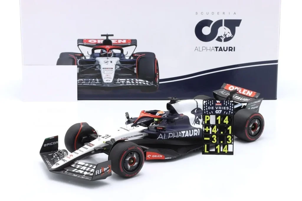 โมเดลรถ 1:18 Alpha Tauri AT04 #21 Nyck de Vries Großbritannien GP (Silverstone) ฟอร์มูล่าวัน ปี 2023 Minichamps 147230121