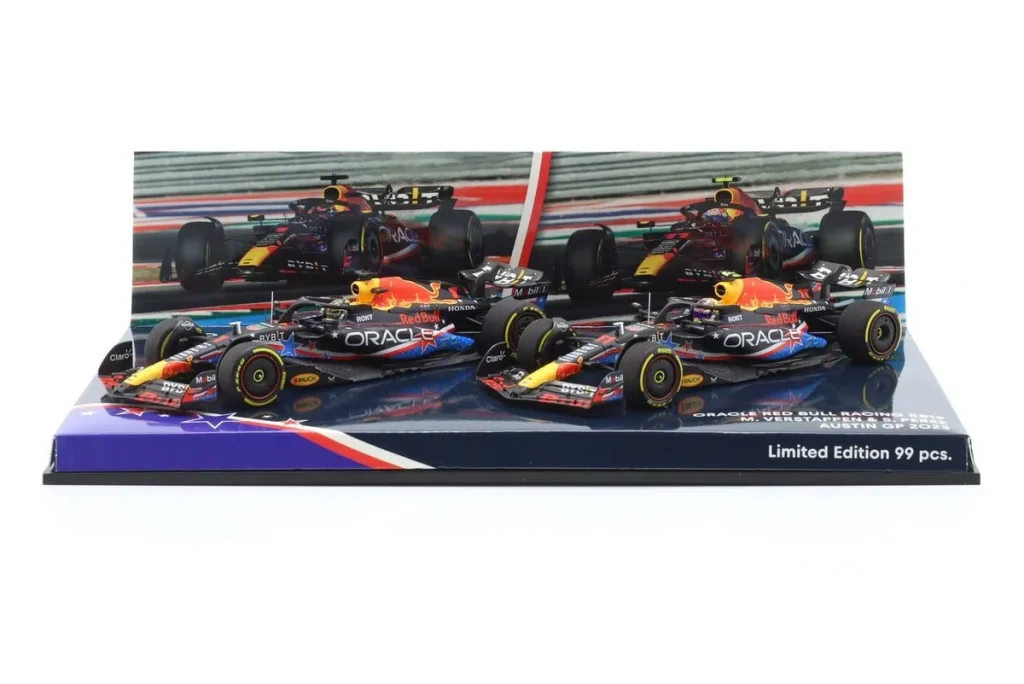 车型 1:43 Red Bull Racing RB19 #1 Max Verstappen #1 / Sergio Perez #11 冠军 (Verstappen) & 排名 4 (Perez) USA GP (Austin) / 一级方程式世界冠军年 2023 Minichamps