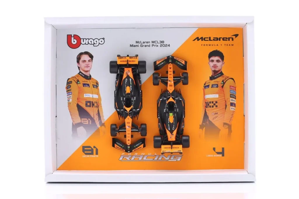 โมเดลรถ 1:43 McLaren MCL38 #4 Lando Norris #4 & Oscar Piastri #81 ผู้ชนะ Miami GP (Norris) ฟอร์มูล่าวัน ปี 2024 Bburago