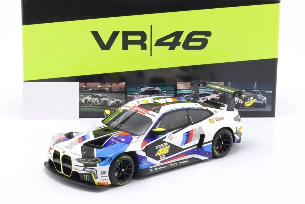 โมเดลรถ 1:18 BMW M4 GT3 #46 Valentino Rossi, Dries Vanthoor, Nick Yelloly อันดับ 2 Gulf 12h Abu Dhabi (Yas Marina Circuit) ปี 2023 Minichamps
