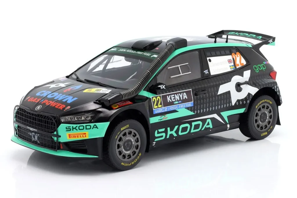 โมเดลรถ 1:18 Škoda Fabia RS Rally2 #22 Gus Greensmith, Jonas Andersson อันดับ 6 Safari แรลลี่ Kenia ปี 2024 Ixo