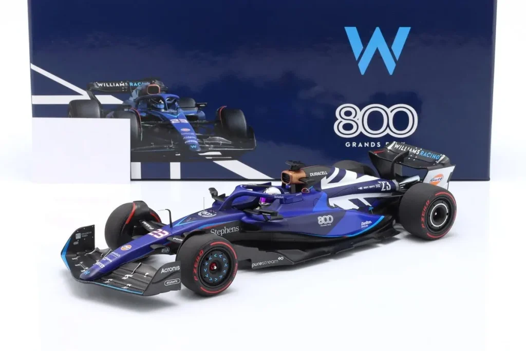 โมเดลรถ 1:18 Williams FW45 #23 / Sonderlackierung Alexander Albon อันดับ 8 Großbritannien (Silverstone) GP ฟอร์มูล่าวัน (800. Williams GP) ปี 2023 Minichamps