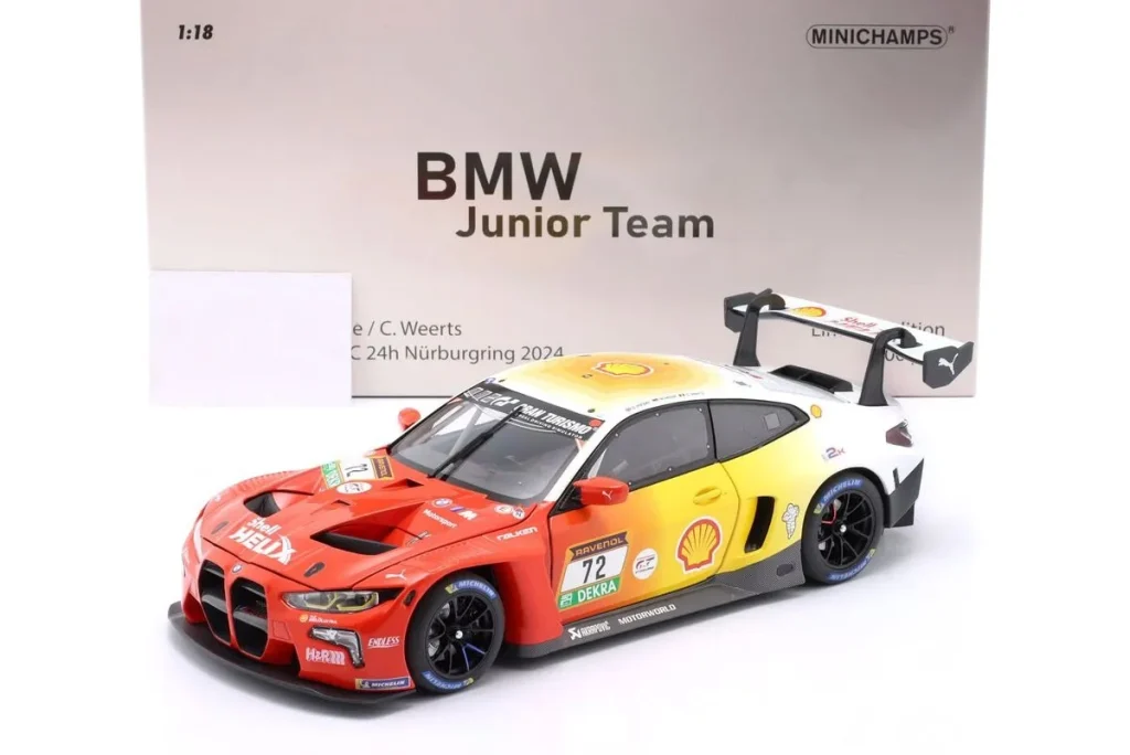 โมเดลรถ 1:18 BMW M4 GT3 #72 Dan Harper, Max Hesse, Charles Weerts อันดับ 3 24h Nürburgring ปี 2024 Minichamps
