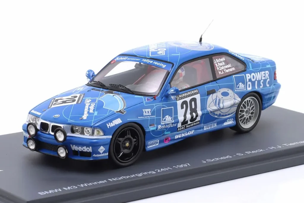 โมเดลรถ 1:43 BMW M3 (E36) Coupé #28 Johannes Scheid, Sabine Reck (später Schmitz), Hans-Jürgen Tiemann, Peter Zakowski ผู้ชนะ 24h Nürburgring ปี 1997 Spark