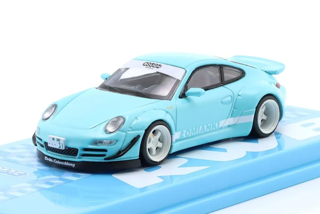 โมเดลรถ 1:64 Porsche 911 (997) RWB Rauh-Welt “Lomianki” สีฟ้าอ่อน Tarmac Works