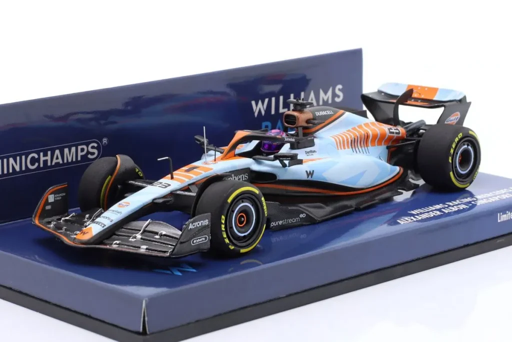 โมเดลรถ 1:43 Williams FW45 / Gulf-Lackierung #23 Alexander Albon อันดับ 11 Singapur GP ฟอร์มูล่าวัน ปี 2023 Minichamps 417231623