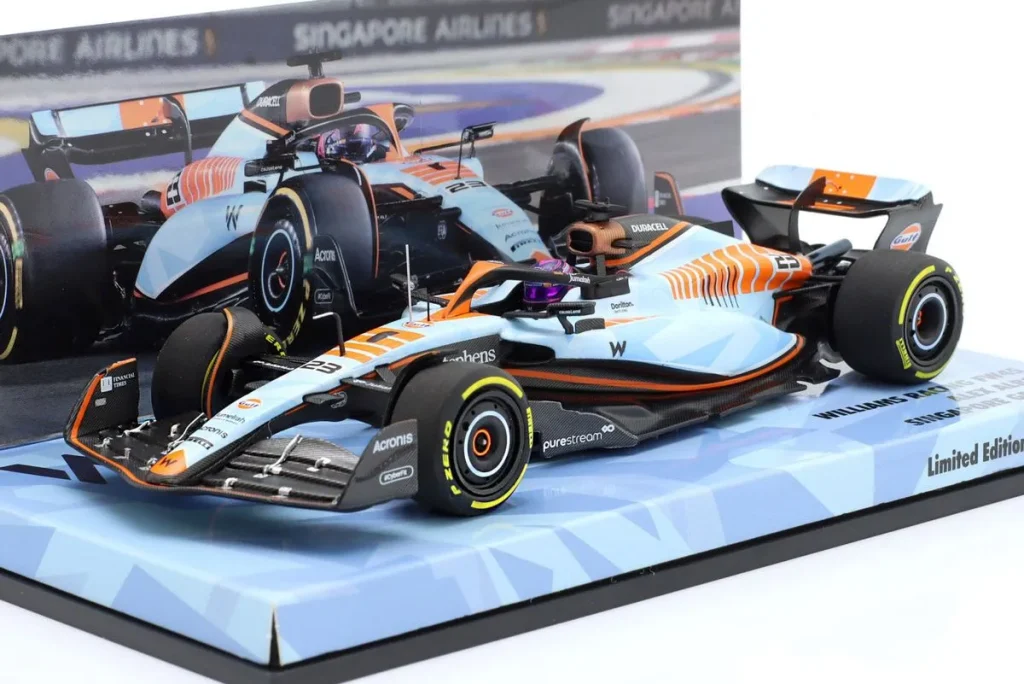 โมเดลรถ 1:43 Williams FW45 / Gulf-Lackierung #23 Alexander Albon อันดับ 11 Singapur GP ฟอร์มูล่าวัน ปี 2023 Minichamps 447231623