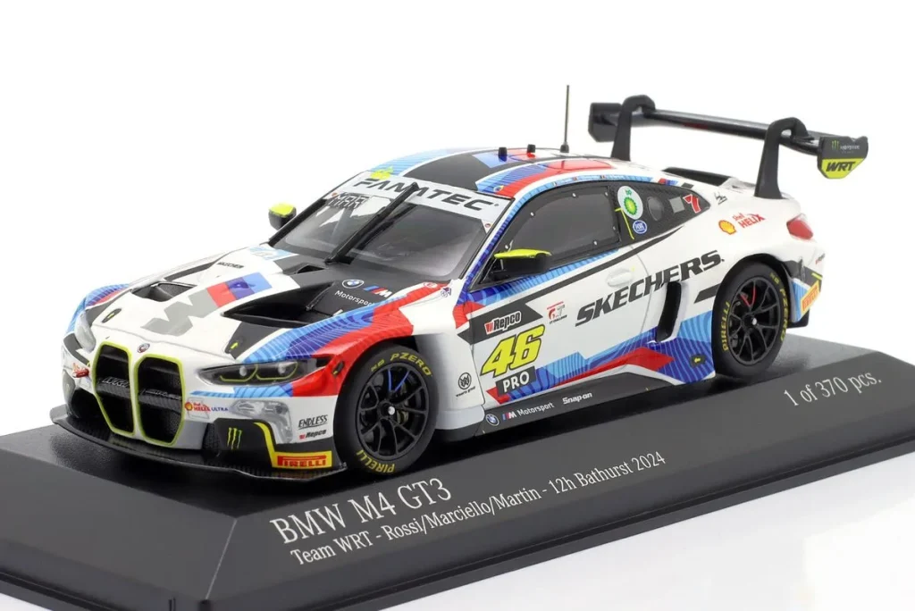 โมเดลรถ 1:43 BMW M4 GT3 #46 Raffaele Marciello, Maxime Martin, Valentino Rossi อันดับ 5 12h Bathurst ปี 2024 Minichamps