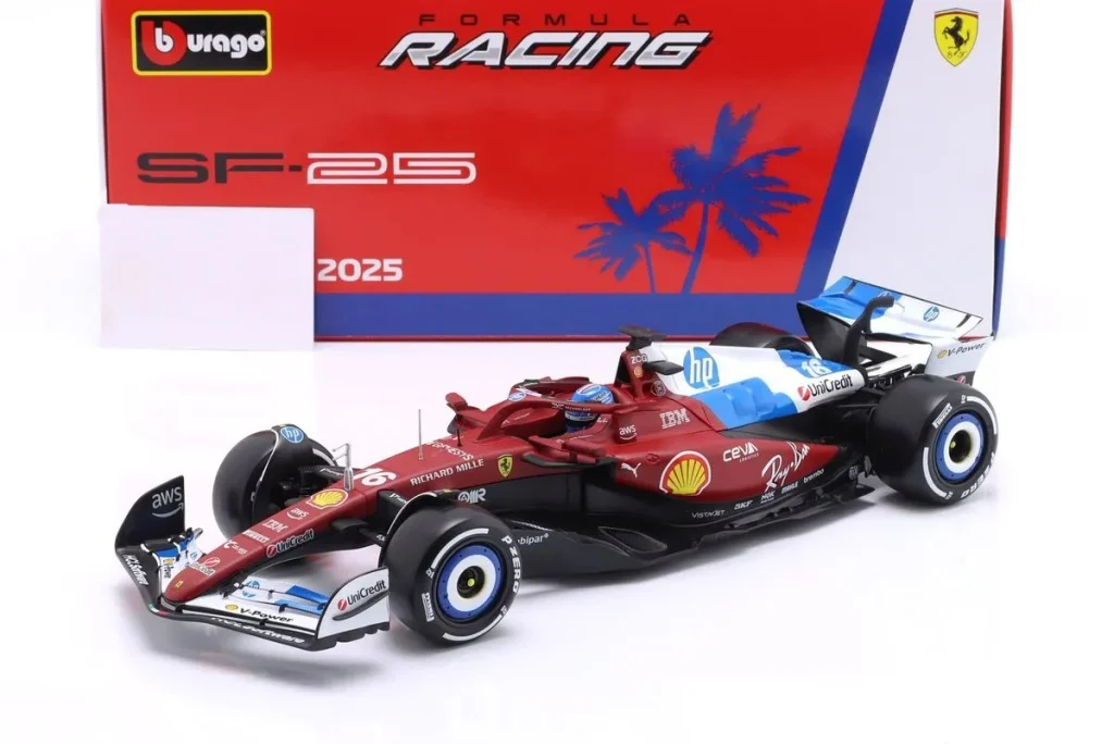 โมเดลรถ 1:18 Ferrari SF-25 #16 Charles Leclerc อันดับ 7 Miami GP ฟอร์มูล่าวัน ปี 2025 Bburago