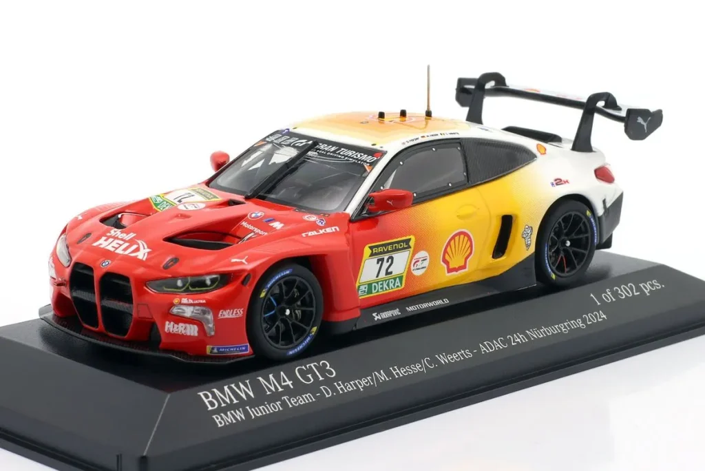 โมเดลรถ 1:43 BMW M4 GT3 #72 Dan Harper, Max Hesse, Charles Weerts อันดับ 3 24h Nürburgring ปี 2024 Minichamps