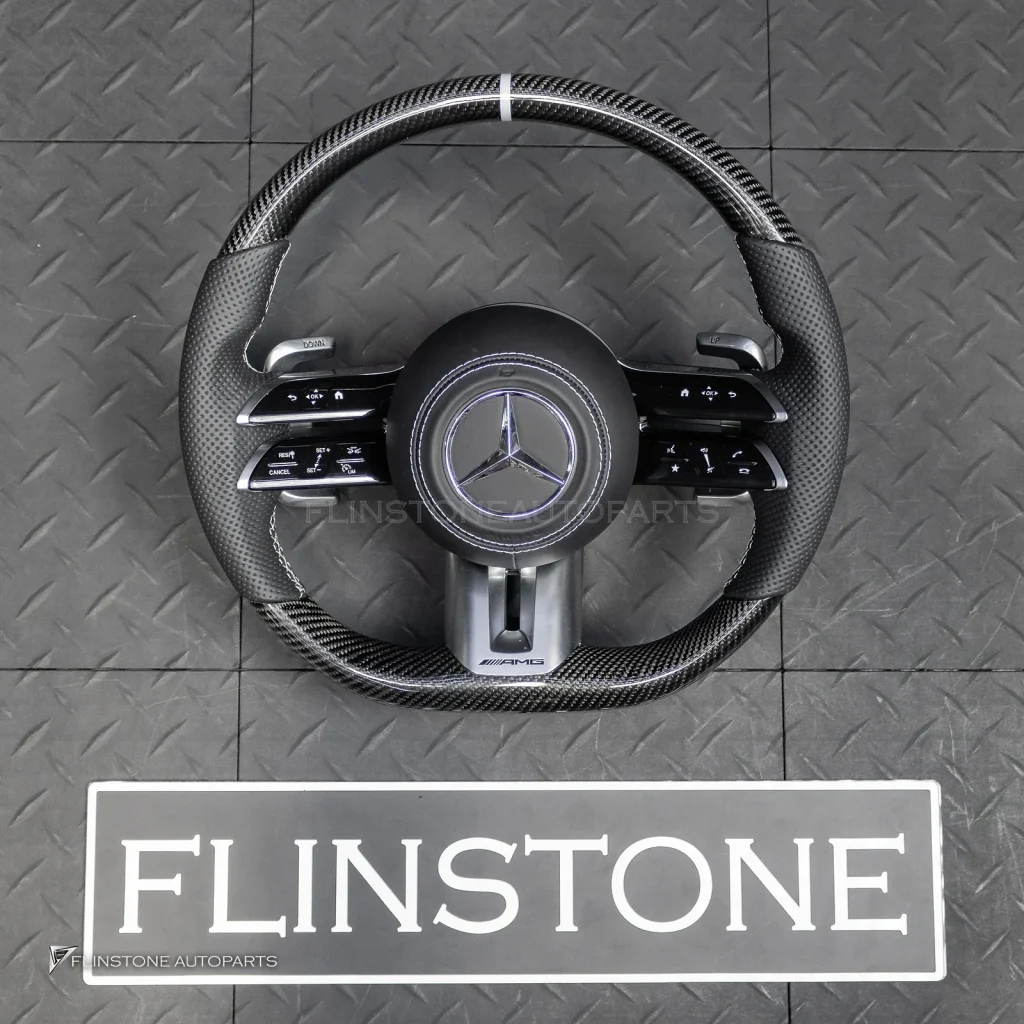 พวงมาลัย Carbon fiber พร้อม Airbag หนังดำ ด้ายขาว กรอบเงิน สำหรับ W221 S-Class