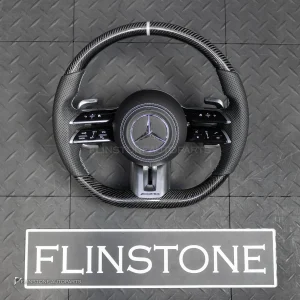 พวงมาลัย Carbon fiber พร้อม Airbag หนังดำ ด้ายขาว กรอบเงิน สำหรับ W221 S-Class