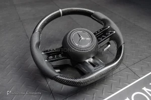 พวงมาลัย Carbon fiber พร้อม Airbag หนังดำ ด้ายขาว กรอบเงิน สำหรับ W221 S-Class