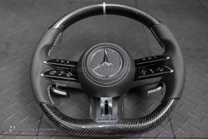 พวงมาลัย Carbon fiber พร้อม Airbag หนังดำ ด้ายขาว กรอบเงิน สำหรับ W221 S-Class