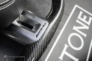 พวงมาลัย Carbon fiber พร้อม Airbag หนังดำ ด้ายขาว กรอบเงิน สำหรับ W221 S-Class
